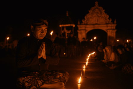 Pria berpakaian adat Jawa sedang tirakatan di malam 1 Suro, diiringi kirab pusaka dan barisan lilin, dengan latar gapura keraton.
